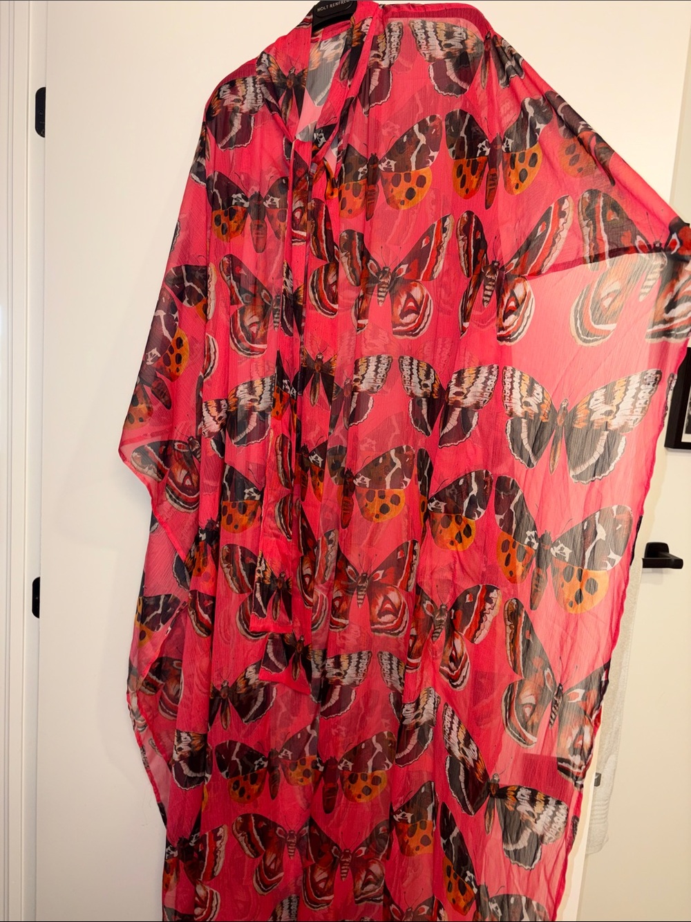 Sheer Butterfly Print Red Kimono Cover-Up